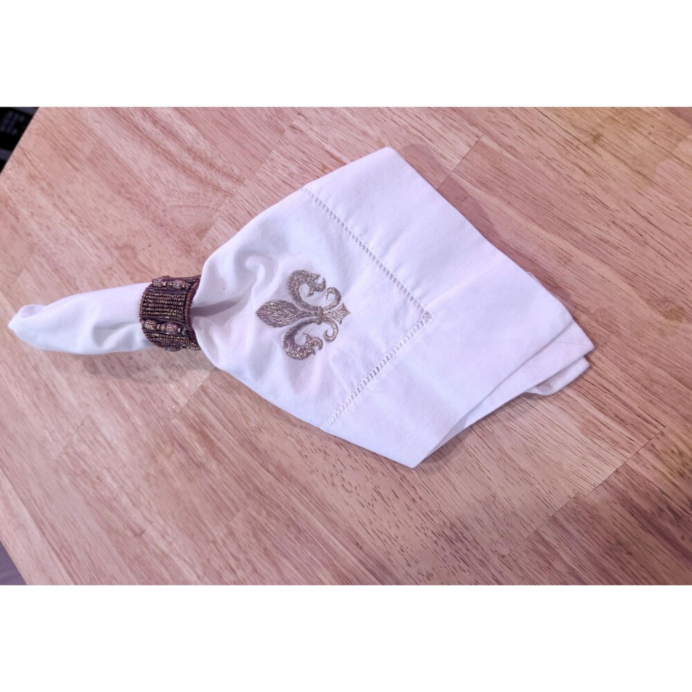 Set of 8 White Cotton Napkins – Hand Embroidered Fleur-de-Lis, Hemstitched Detai